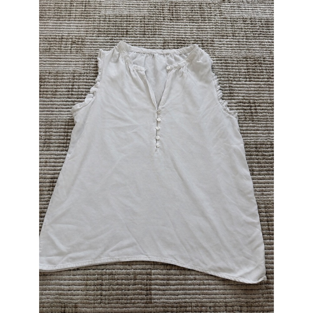 Womens White Sleeveless Ruffle Trim Button Front Split Neck Jersey Tank Top